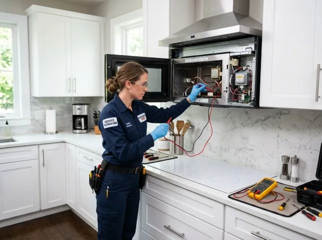 Appliance Repair Hero technician testing an over-the-range microwave in a Albertville, MN kitchen